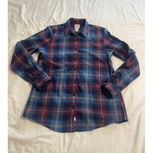 Blake Shelton x Lands End Womens Blue Burgundy Plaid Flannel Shirt Medium 10-12